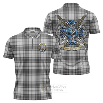 Glendinning Tartan Zipper Polo Shirt with Family Crest Celtic Skull Style