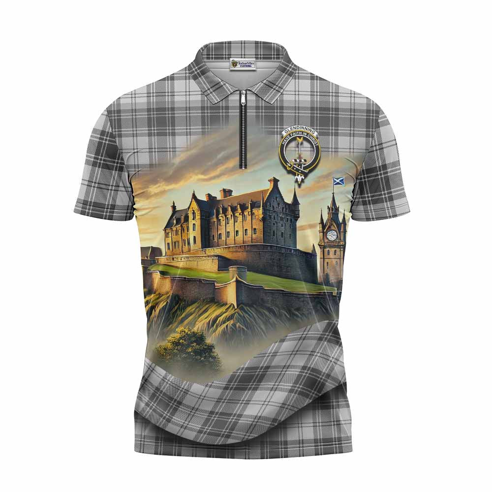 Glendinning Tartan Family Crest Zipper Polo Shirt with Scottish Ancient Castle Style Unisex - Tartan Vibes Clothing