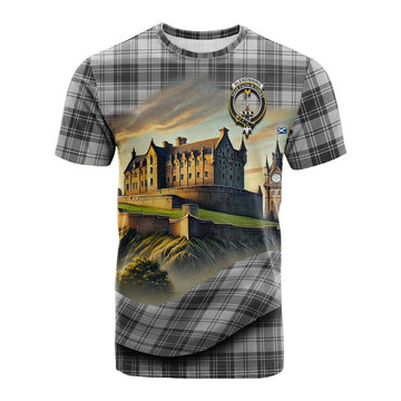 Glendinning Tartan Family Crest Cotton T-shirt with Scottish Ancient Castle Style