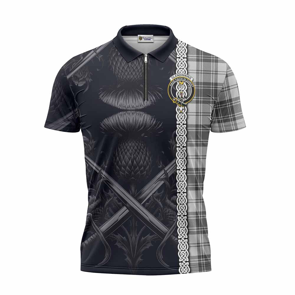 Glendinning Tartan Zipper Polo Shirt with Family Crest Cross Sword Thistle Celtic Vibes Unisex - Tartan Vibes Clothing