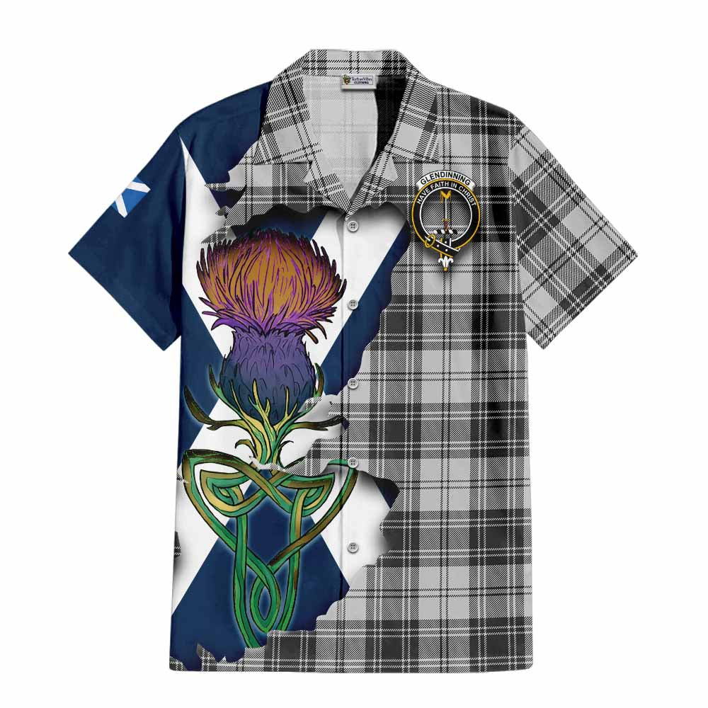 Tartan Vibes Clothing Glendinning Tartan Family Crest Short Sleeve Button Shirt Scottish Thistle Celtic Inspired