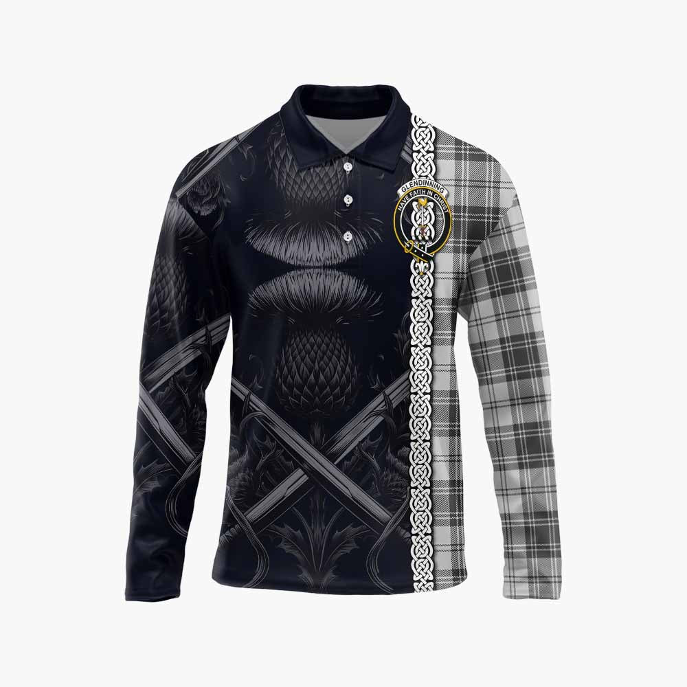 Glendinning Tartan Long Sleeve Polo Shirt with Family Crest Cross Sword Thistle Celtic Vibes Unisex - Tartan Vibes Clothing