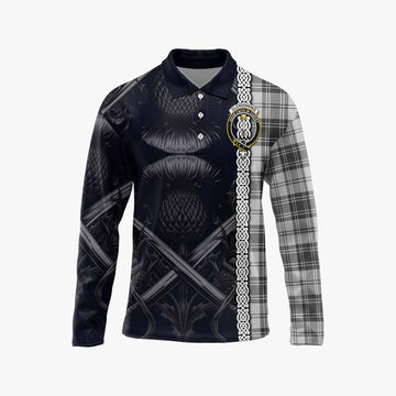 Glendinning Tartan Long Sleeve Polo Shirt with Family Crest Cross Sword Thistle Celtic Vibes Unisex - Tartan Vibes Clothing