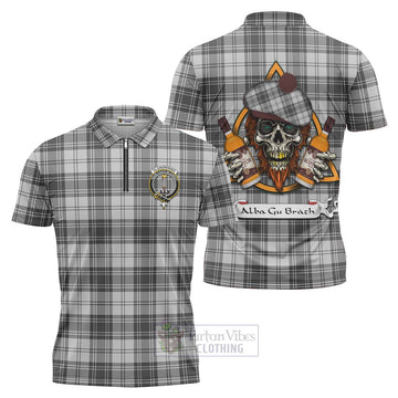 Glendinning Tartan Zipper Polo Shirt with Family Crest and Bearded Skull Holding Bottles of Whiskey Unisex - Tartan Vibes Clothing