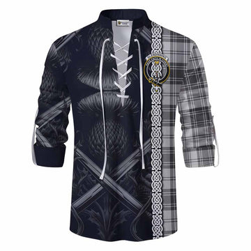 Glendinning Tartan Ghillie Kilt Shirt with Family Crest Cross Sword Thistle Celtic Vibes Men - Tartan Vibes Clothing