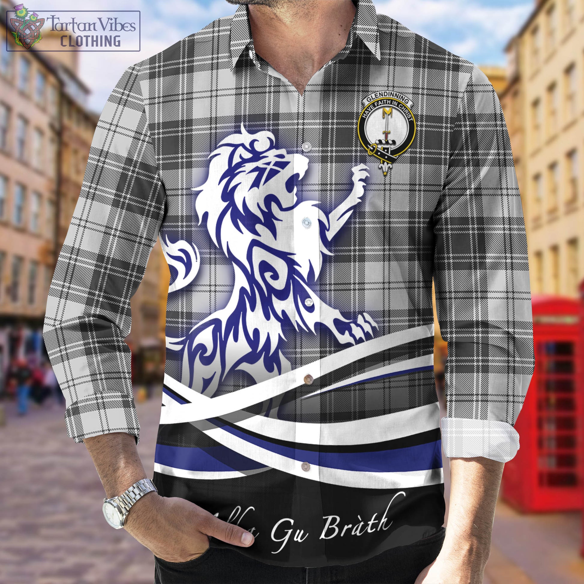 Glendinning Tartan Long Sleeve Button Up Shirt with Alba Gu Brath Regal Lion Emblem Men's Shirt - Tartan Vibes Clothing