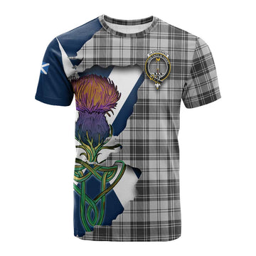 Glendinning Tartan Family Crest Cotton T-shirt Scottish Thistle Celtic Inspired