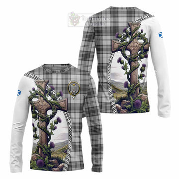 Glendinning Tartan Long Sleeve T-Shirt with Family Crest and St. Andrew's Cross Accented by Thistle Vines Unisex - Tartan Vibes Clothing