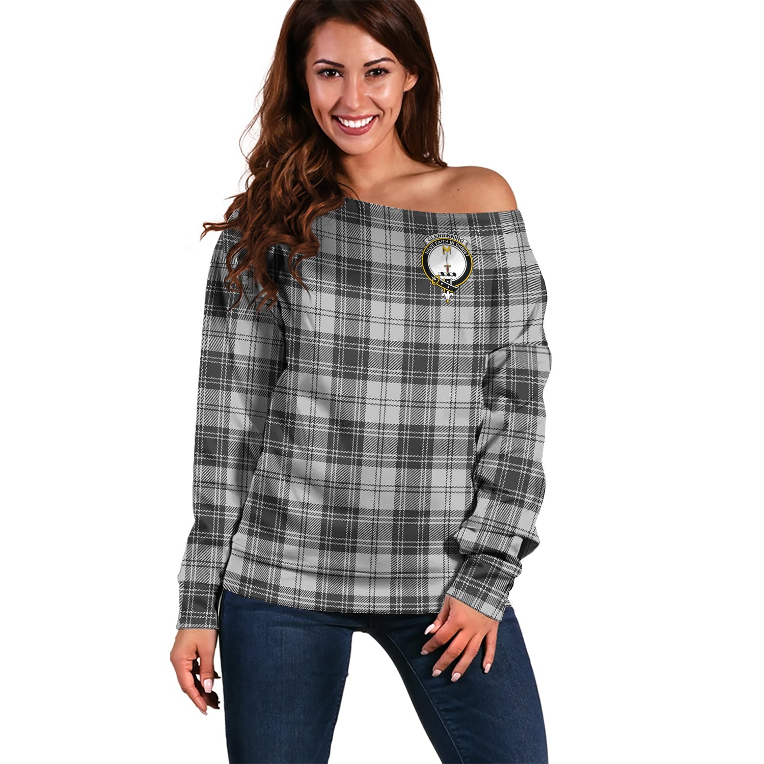 Glendinning Tartan Off Shoulder Women Sweater with Family Crest Women - Tartan Vibes Clothing