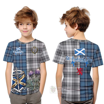Glendinning Tartan Kid T-Shirt Happy St. Andrew's Day Half Tartan Style Youth XL Size14 - Tartan Vibes Clothing