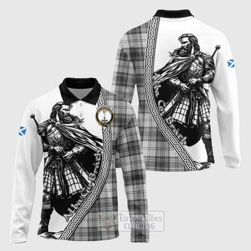Glendinning Tartan Clan Crest Long Sleeve Polo Shirt with Highlander Warrior Celtic Style Unisex - Tartan Vibes Clothing