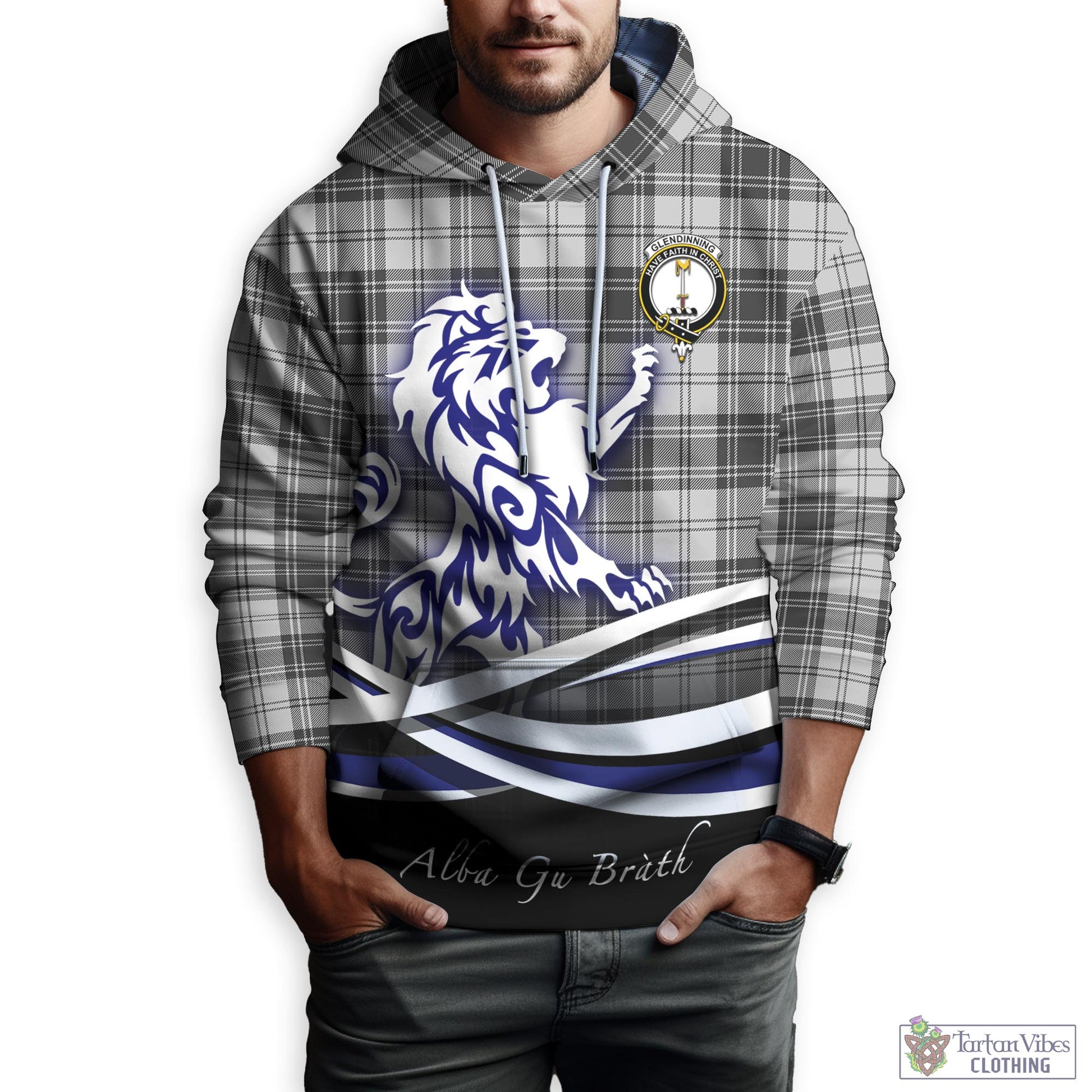 Glendinning Tartan Hoodie with Alba Gu Brath Regal Lion Emblem Zip Hoodie - Tartan Vibes Clothing