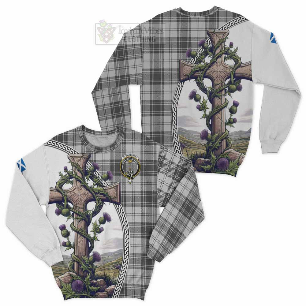 Glendinning Tartan Sweatshirt with Family Crest and St. Andrew's Cross Accented by Thistle Vines Unisex - Tartan Vibes Clothing