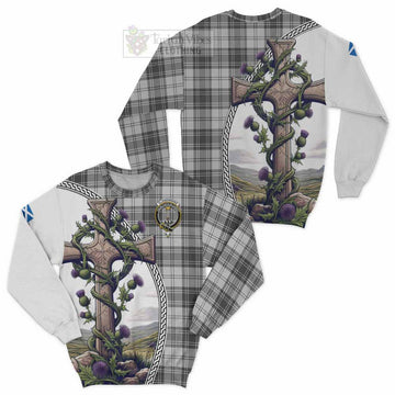 Glendinning Tartan Sweatshirt with Family Crest and St. Andrew's Cross Accented by Thistle Vines Unisex - Tartan Vibes Clothing