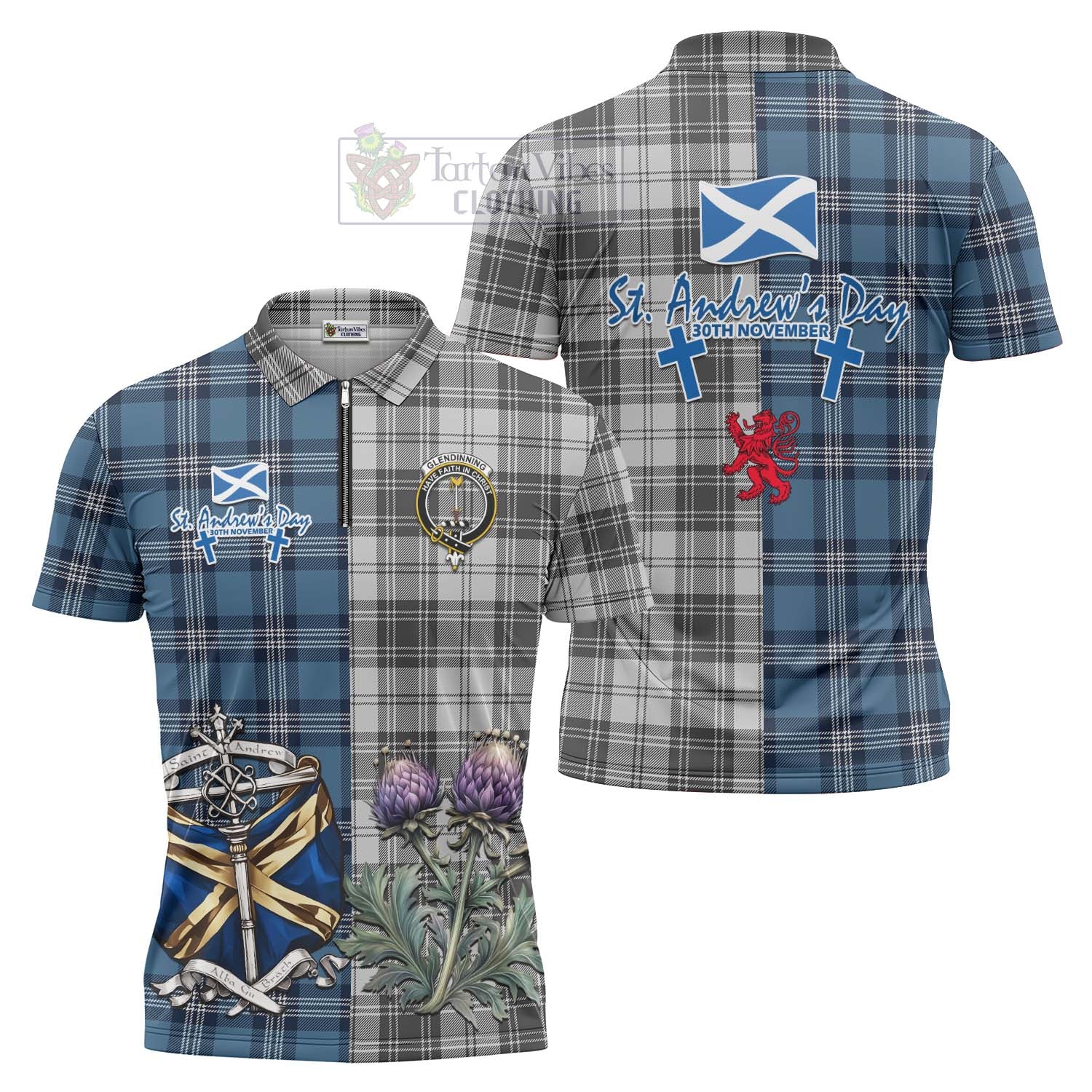 Glendinning Tartan Zipper Polo Shirt Happy St. Andrew's Day Half Tartan Style Unisex - Tartan Vibes Clothing