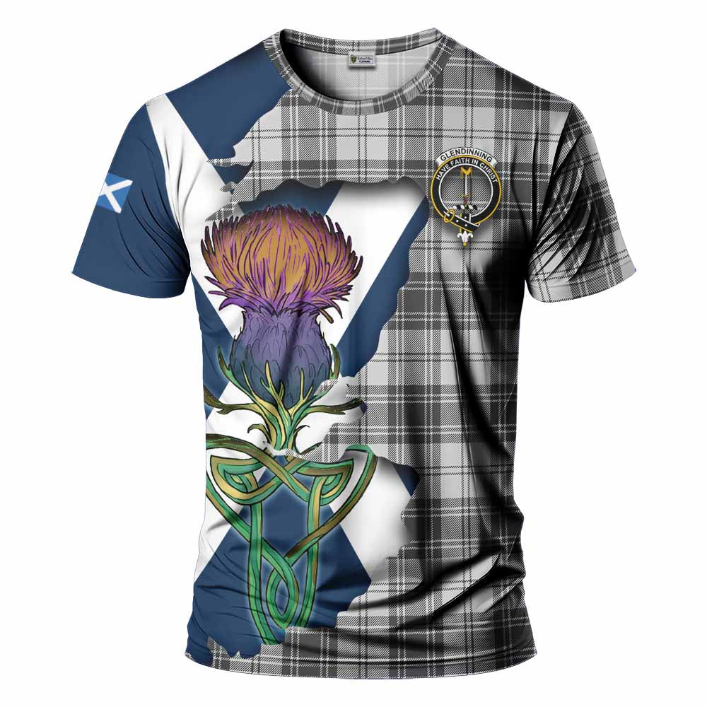 Tartan Vibes Clothing Glendinning Tartan Family Crest T-Shirt Scottish Thistle Celtic Inspired
