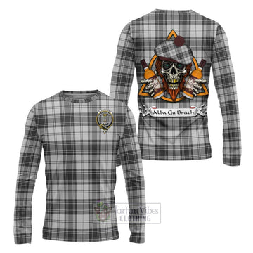Glendinning Tartan Long Sleeve T-Shirt with Family Crest and Bearded Skull Holding Bottles of Whiskey Unisex - Tartan Vibes Clothing