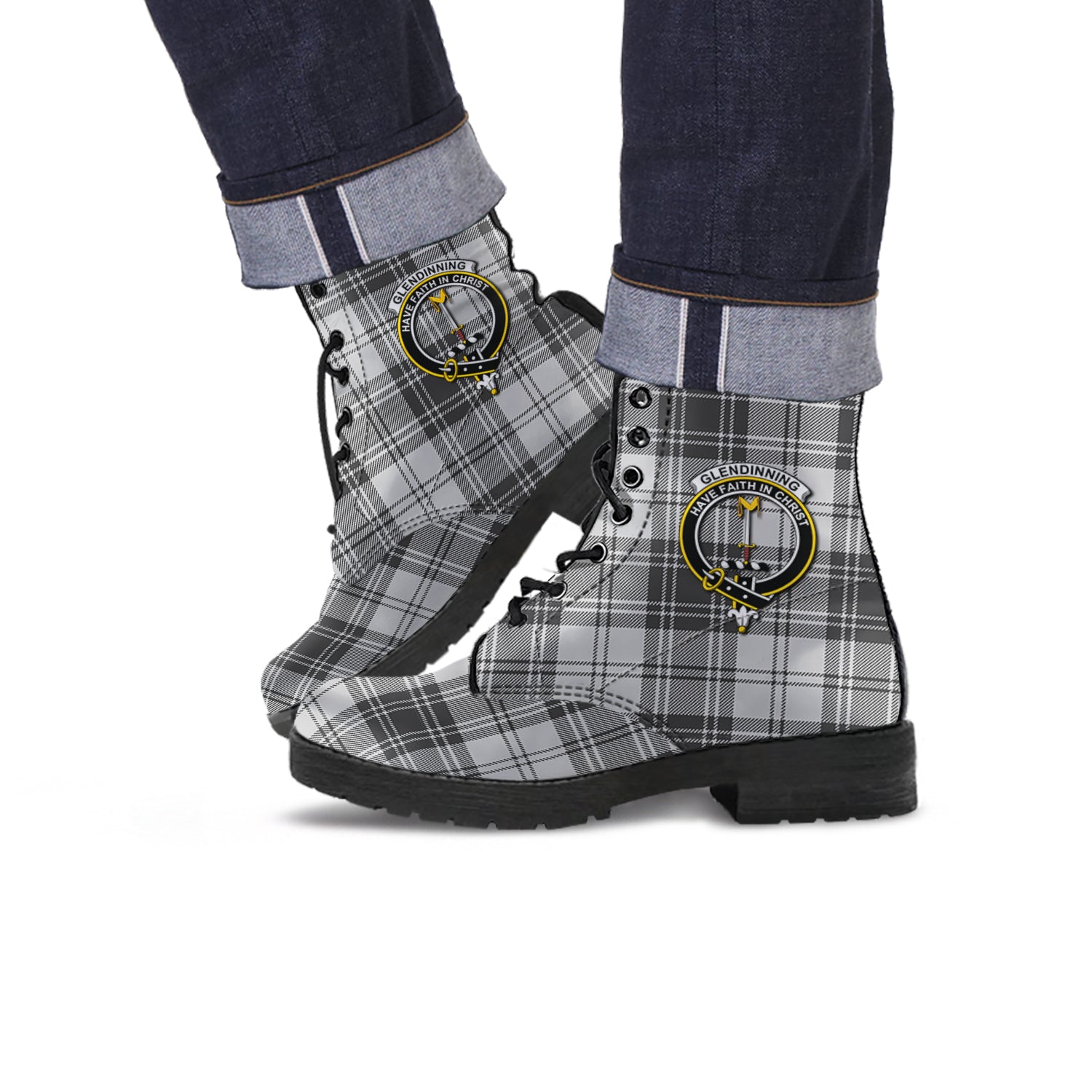 Glendinning Tartan Leather Boots with Family Crest Men' Boots - Tartan Vibes Clothing