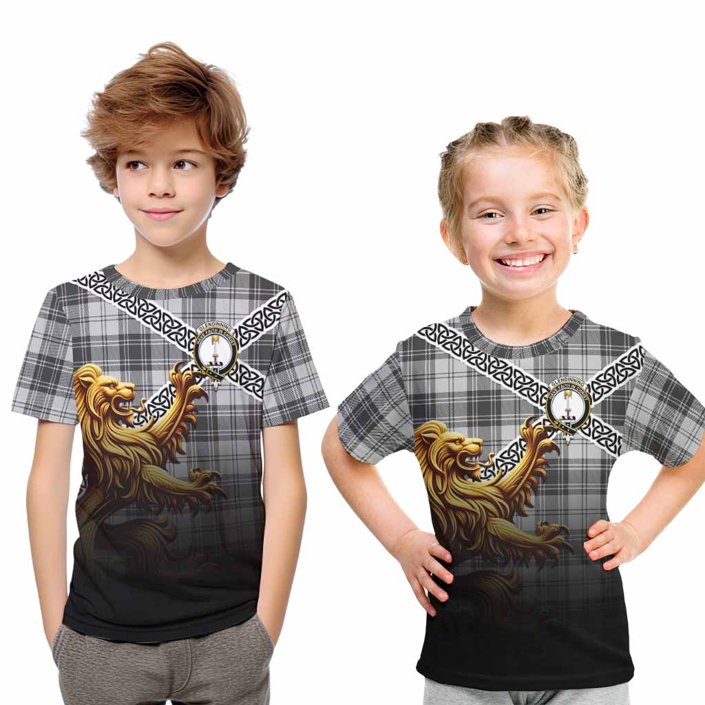 Glendinning Crest Tartan Kid T-Shirt with Golden Lion Emblem Celtic Style Youth XL Size14 - Tartan Vibes Clothing