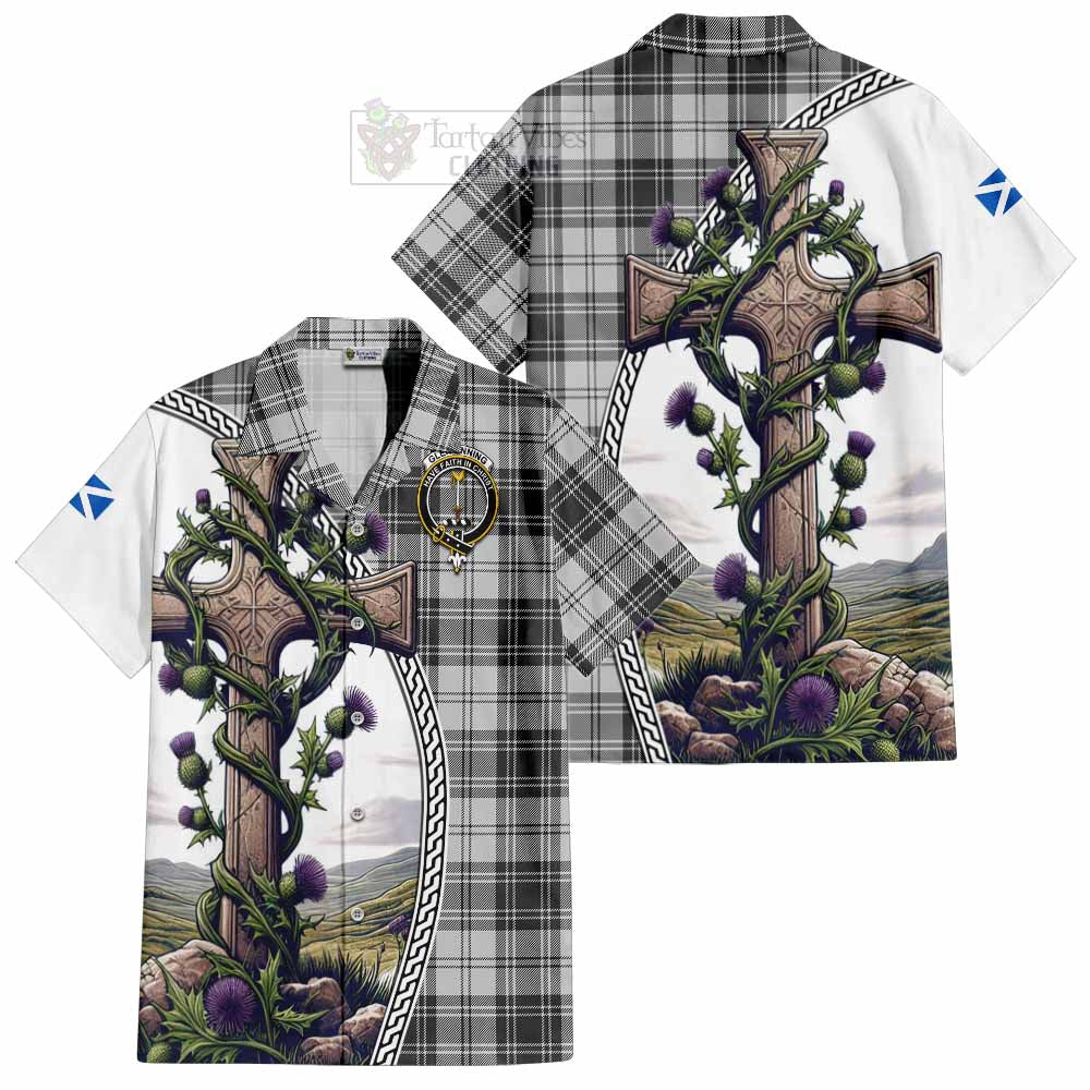 Glendinning Tartan Hawaiian Shirt with Family Crest and St. Andrew's Cross Accented by Thistle Vines Kid - Tartan Vibes Clothing