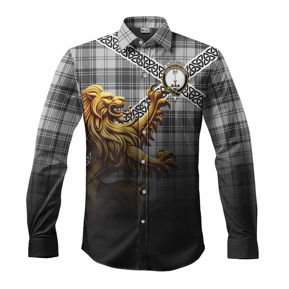 Glendinning Crest Tartan Long Sleeve Button Shirt with Golden Lion Emblem Celtic Style Men's Shirt S - Tartan Vibes Clothing