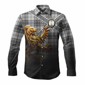 Glendinning Crest Tartan Long Sleeve Button Shirt with Golden Lion Emblem Celtic Style Men's Shirt S - Tartan Vibes Clothing