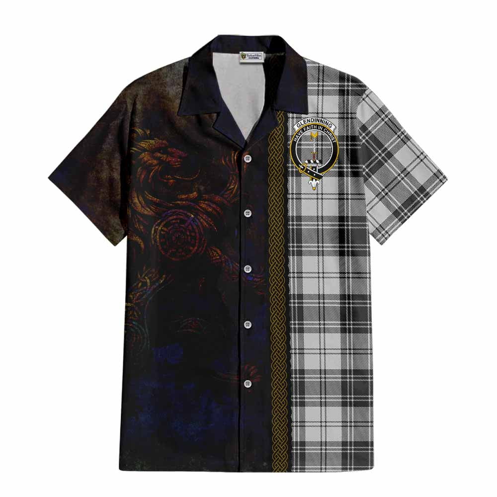 Tartan Vibes Clothing Glendinning Tartan Family Crest Short Sleeve Button Shirt Alba Gu Brath Be Brave Lion Ancient Style