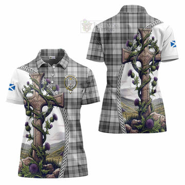 Glendinning Tartan Women's Polo Shirt with Family Crest and St. Andrew's Cross Accented by Thistle Vines Women - Tartan Vibes Clothing