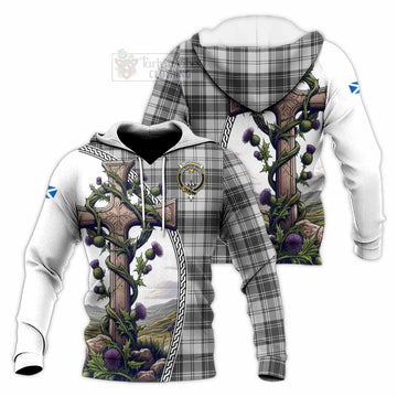 Glendinning Tartan Knitted Hoodie with Family Crest and St. Andrew's Cross Accented by Thistle Vines Unisex Knitted Pullover Hoodie - Tartan Vibes Clothing