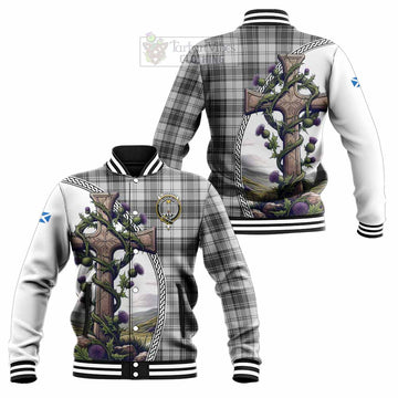 Glendinning Tartan Baseball Jacket with Family Crest and St. Andrew's Cross Accented by Thistle Vines Unisex - Tartan Vibes Clothing