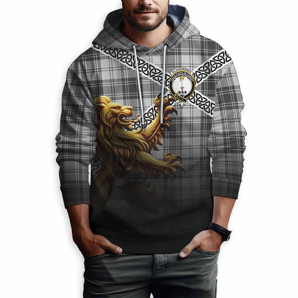 Glendinning Crest Tartan Hoodie with Golden Lion Emblem Celtic Style Pullover Hoodie - Tartan Vibes Clothing