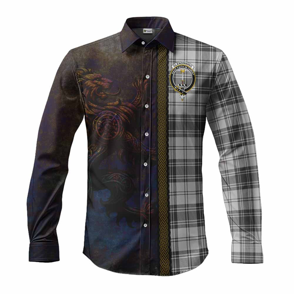 Tartan Vibes Clothing Glendinning Tartan Family Crest Long Sleeve Button Shirt Alba Gu Brath Be Brave Lion Ancient Style