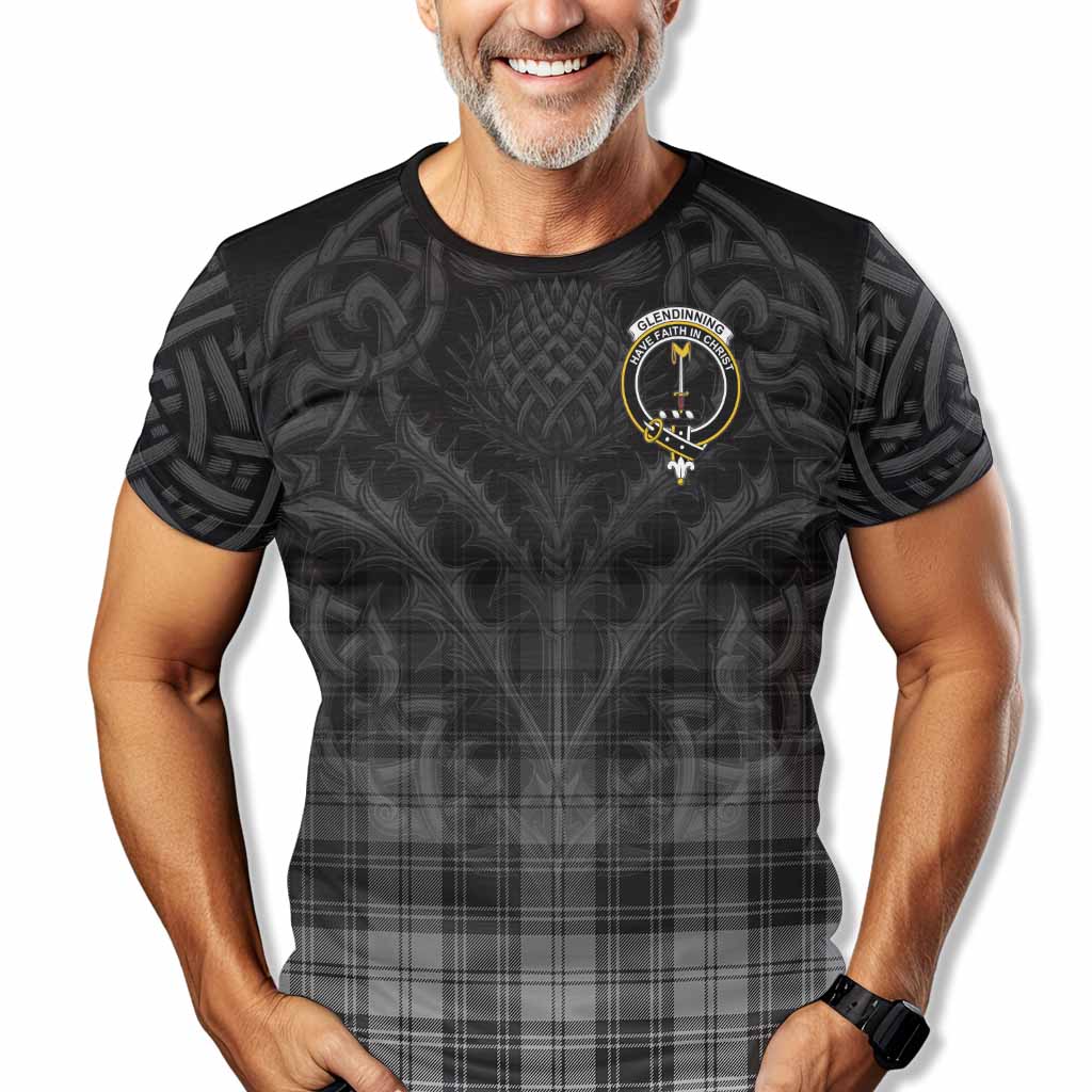Tartan Vibes Clothing Glendinning Tartan T-Shirt with Family Crest Celtic Thistle Vibes