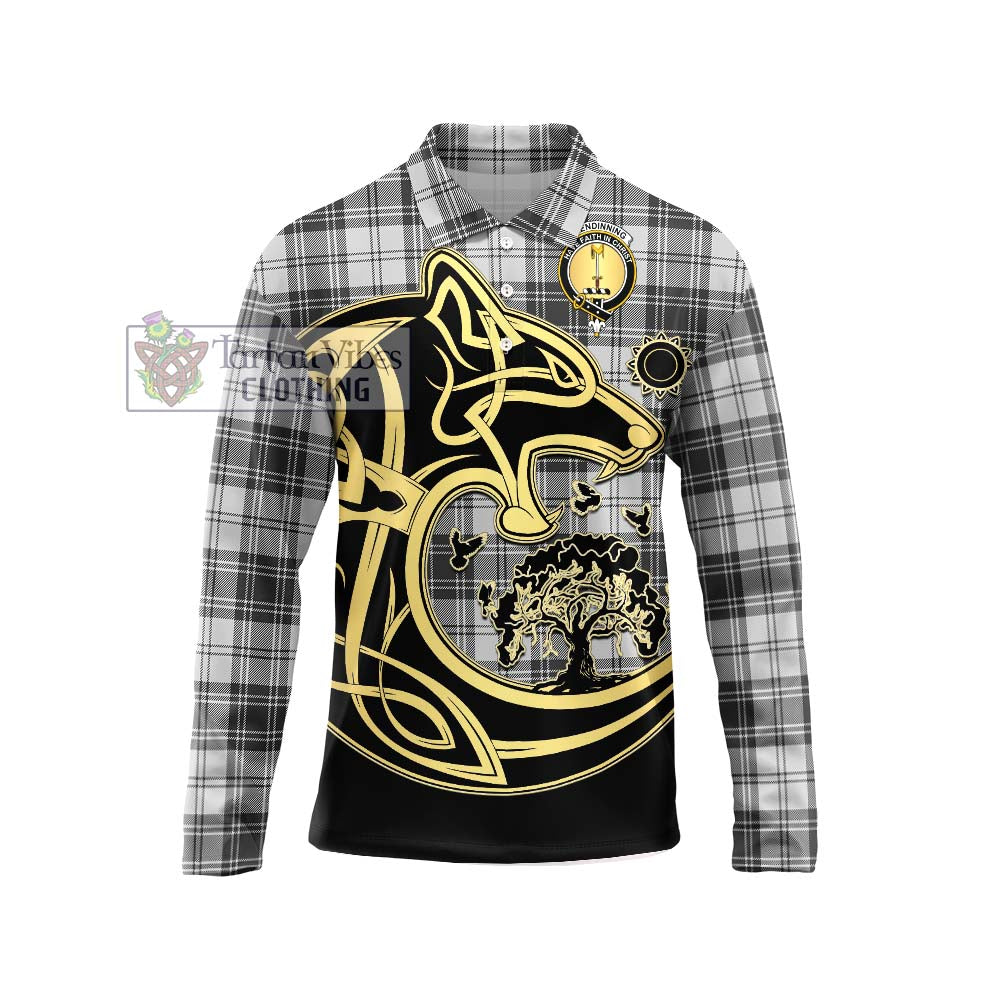 Glendinning Tartan Long Sleeve Polo Shirt with Family Crest Celtic Wolf Style Unisex - Tartan Vibes Clothing