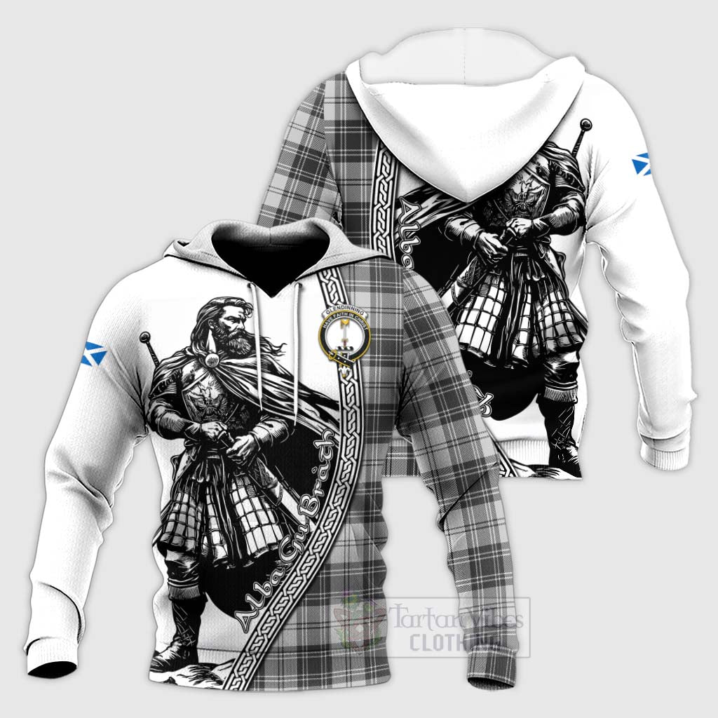 Glendinning Tartan Clan Crest Knitted Hoodie with Highlander Warrior Celtic Style Unisex Knitted Pullover Hoodie - Tartan Vibes Clothing