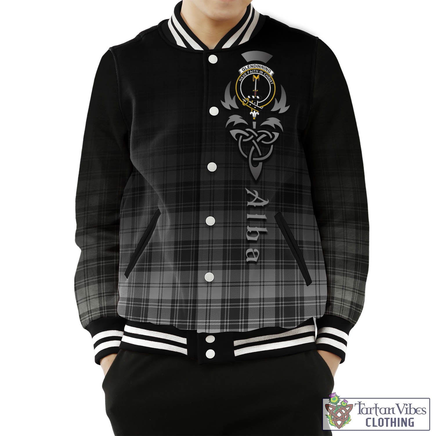 Glendinning Tartan Baseball Jacket Featuring Alba Gu Brath Family Crest Celtic Inspired Unisex - Tartan Vibes Clothing