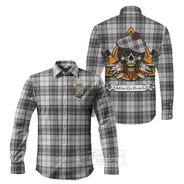 Glendinning Tartan Long Sleeve Button Shirt with Family Crest and Bearded Skull Holding Bottles of Whiskey Men's Shirt S - Tartan Vibes Clothing