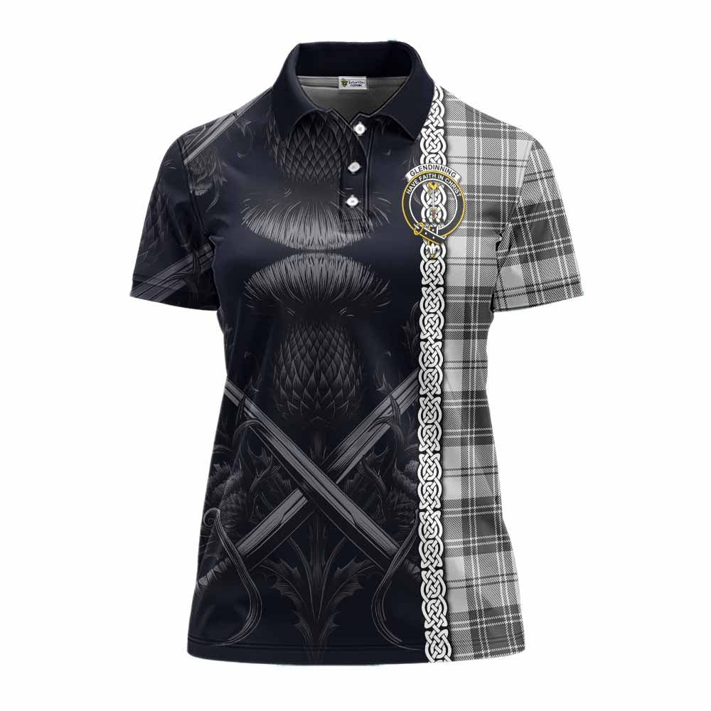 Glendinning Tartan Women's Polo Shirt with Family Crest Cross Sword Thistle Celtic Vibes Women - Tartan Vibes Clothing