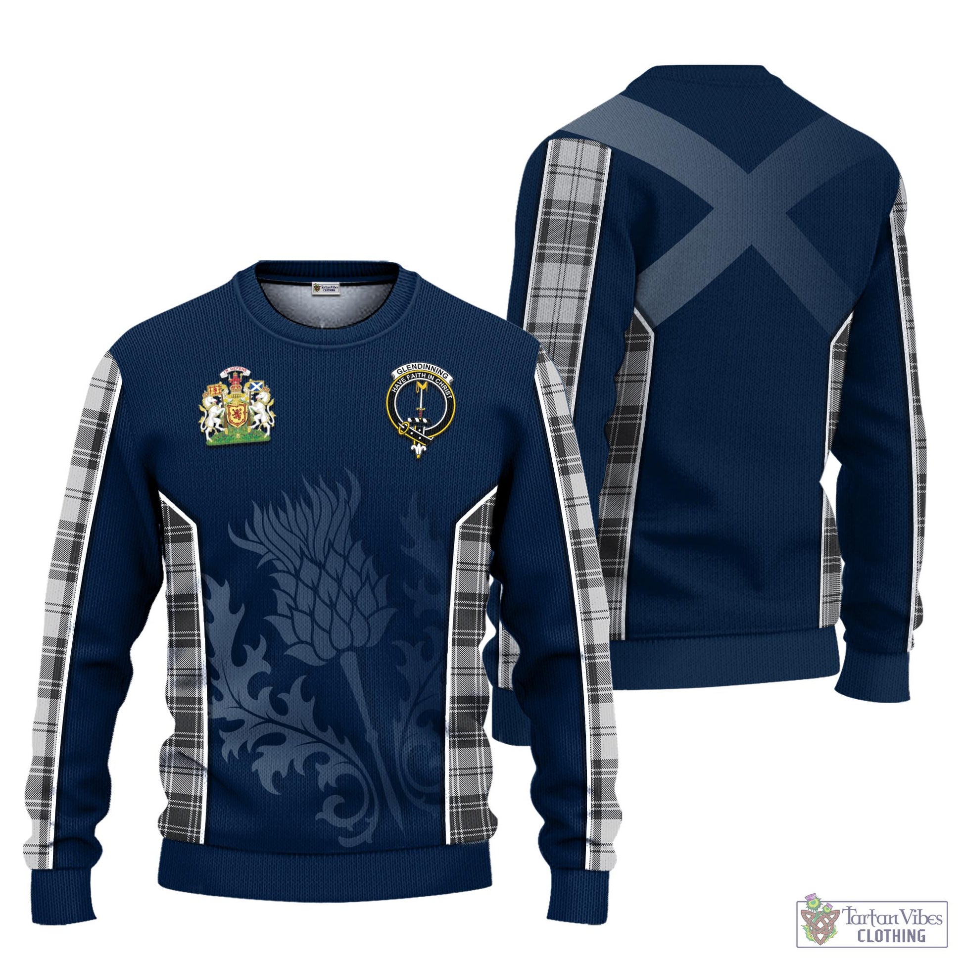 Glendinning Tartan Knitted Sweatshirt with Family Crest and Scottish Thistle Vibes Sport Style Unisex - Tartan Vibes Clothing
