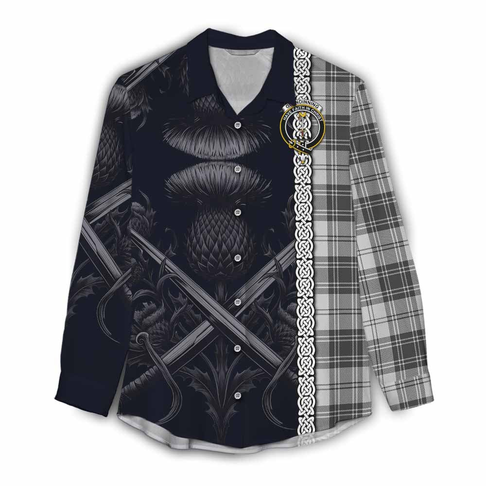 Glendinning Tartan Women's Casual Shirt with Family Crest Cross Sword Thistle Celtic Vibes Female - Tartan Vibes Clothing