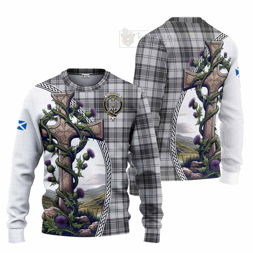 Glendinning Tartan Knitted Sweater with Family Crest and St. Andrew's Cross Accented by Thistle Vines Unisex - Tartan Vibes Clothing