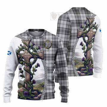 Glendinning Tartan Knitted Sweater with Family Crest and St. Andrew's Cross Accented by Thistle Vines Unisex - Tartan Vibes Clothing