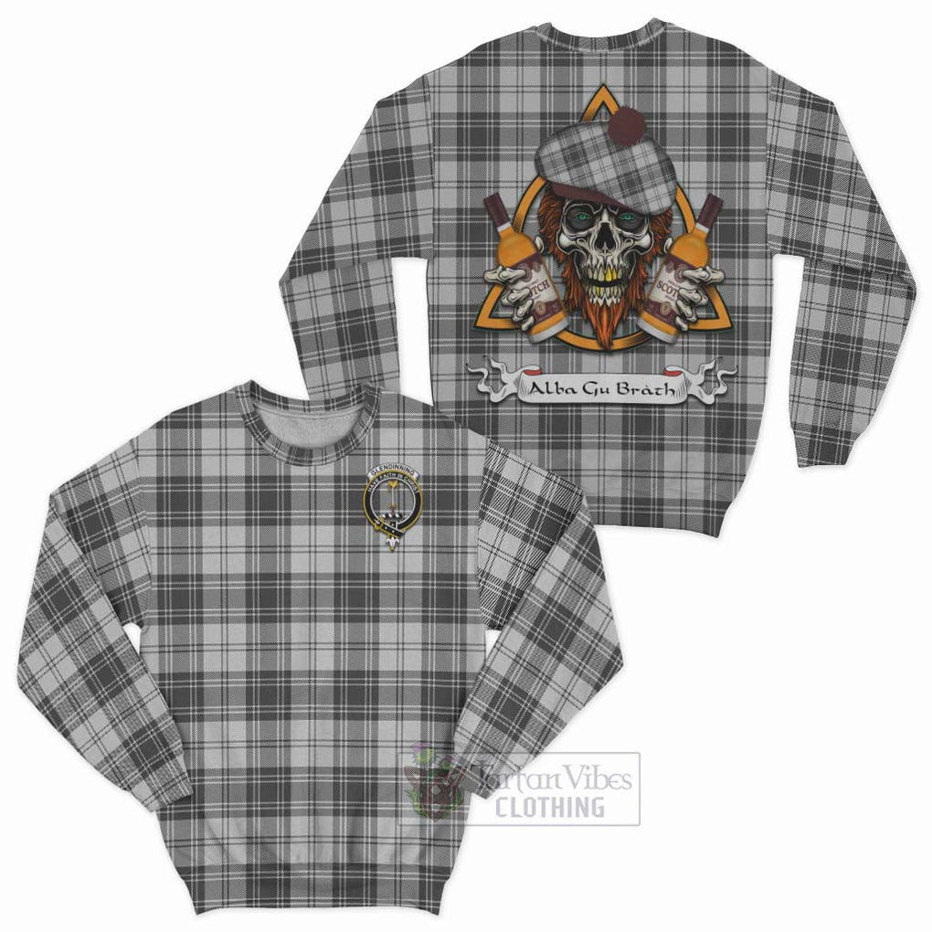 Glendinning Tartan Sweatshirt with Family Crest and Bearded Skull Holding Bottles of Whiskey Unisex - Tartan Vibes Clothing