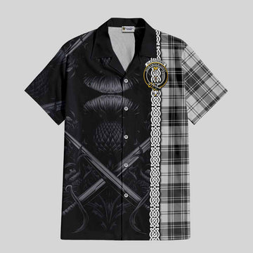 Tartan Vibes Clothing Glendinning Tartan Short Sleeve Button Shirt with Family Crest Cross Sword Thistle Celtic Vibes