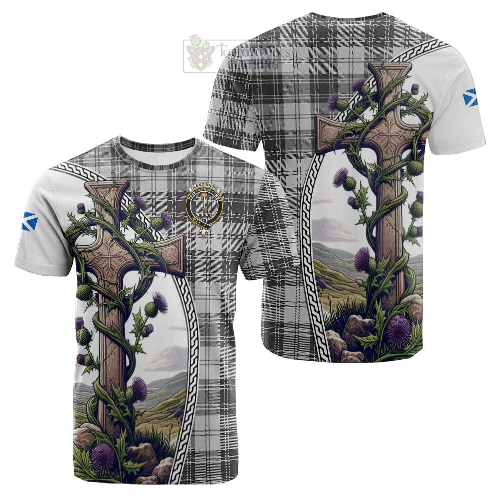 Tartan Vibes Clothing Glendinning Tartan Cotton T-shirt with Family Crest and St. Andrew's Cross Accented by Thistle Vines