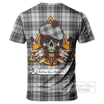 Glendinning Tartan T-Shirt with Family Crest and Bearded Skull Holding Bottles of Whiskey - Tartan Vibes Clothing