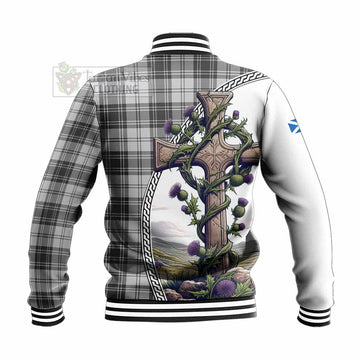 Glendinning Tartan Baseball Jacket with Family Crest and St. Andrew's Cross Accented by Thistle Vines - Tartan Vibes Clothing