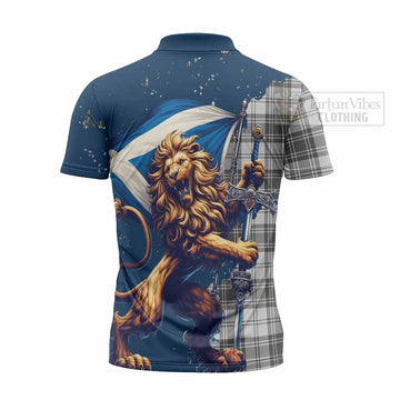Glendinning Tartan Family Crest Zipper Polo Shirt with Scottish Majestic Lion - Tartan Vibes Clothing