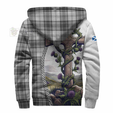 Glendinning Tartan Sherpa Hoodie with Family Crest and St. Andrew's Cross Accented by Thistle Vines - Tartan Vibes Clothing