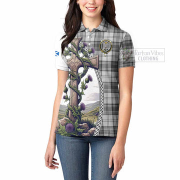 Glendinning Tartan Women's Polo Shirt with Family Crest and St. Andrew's Cross Accented by Thistle Vines - Tartan Vibes Clothing